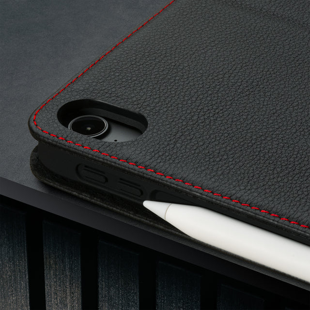 Camera cutout on the Black Leather (with Red Stitching) Case for iPad Air 11