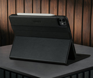 Built-in viewing stand of the Black Leather Case for Apple iPad Pro 11" (2024)