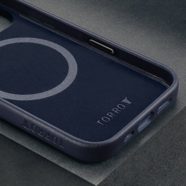 Microfibre lining on the Blue Leather Slimline Bumper Case for iPhone 16 Pro Max