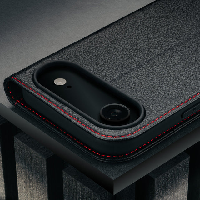 Camera cutout on the Black (with Red detail) Leather Case for iPhone 17 Air