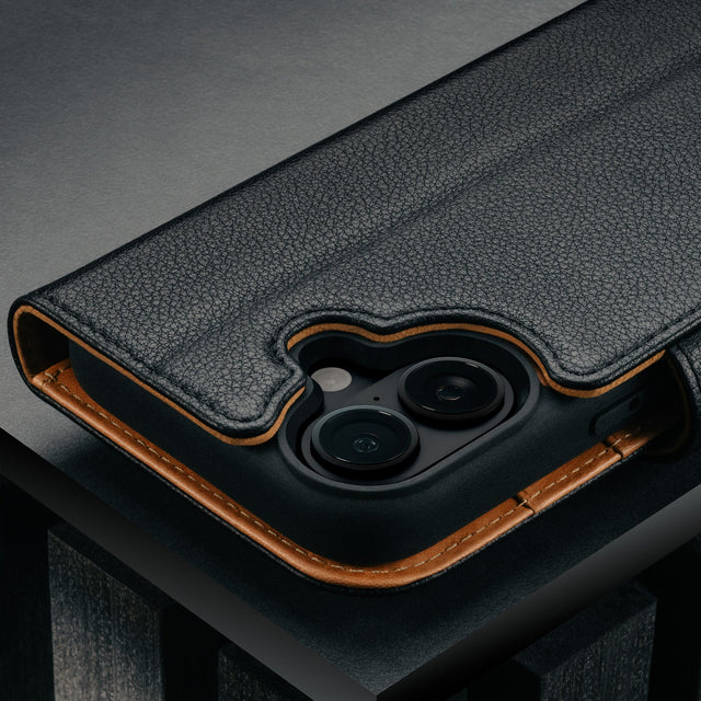 Camera cutout on the Black Leather Detachable Case for iPhone 17