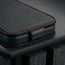 Magnetic closure clasp on the Black with Red Stitching Leather Flip Case for iPhone 17