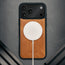 MagSafe charger attached to the Dark Brown Leather Detachable Case for iPhone 17 Pro