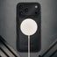 MagSafe charger attached to the Black with Red Detail Leather Detachable Case for iPhone 17 Pro Max