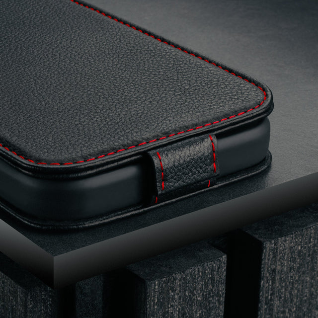 Magnetic closure clasp on the Black with Red Stitching Leather Flip Case for iPhone 17 Pro Max