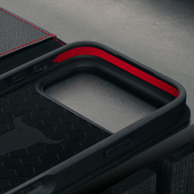 Microfibre lined frame of the Black Leather Case (with Red Stitching) for iPhone 17 Pro Max