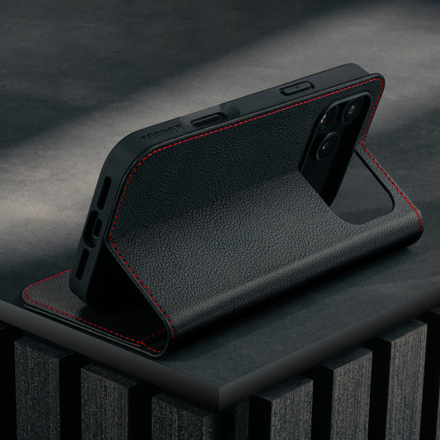 Stand function of the Black Leather Case (with Red Stitching) for iPhone 17 Pro Max