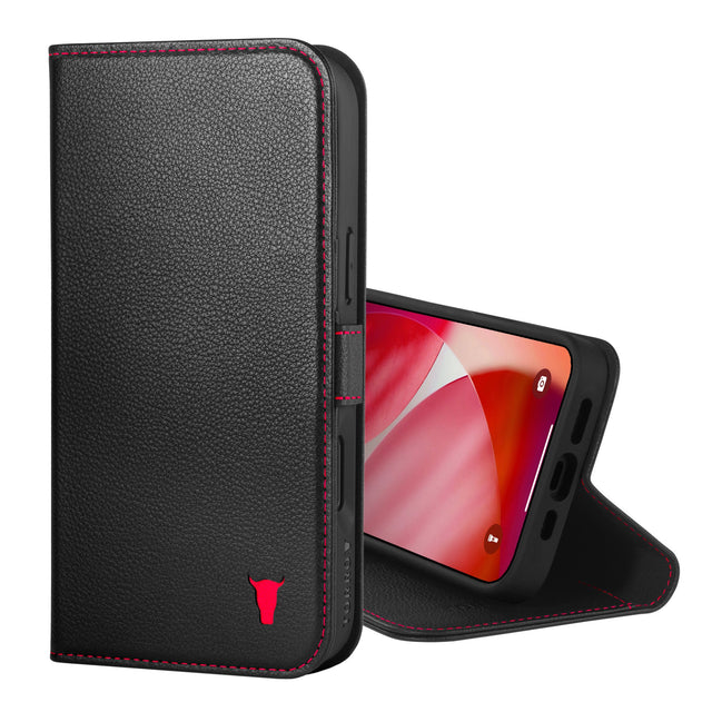 Black (with Red Detail) Leather Case for iPhone 17