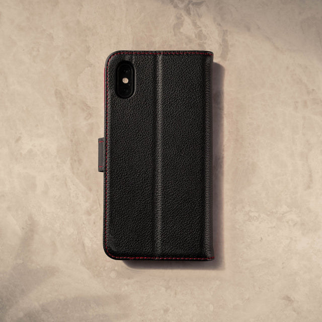 Back and rear camera cutout on the Black Leather (with Red Stitching) Stand Case for iPhone X/XS