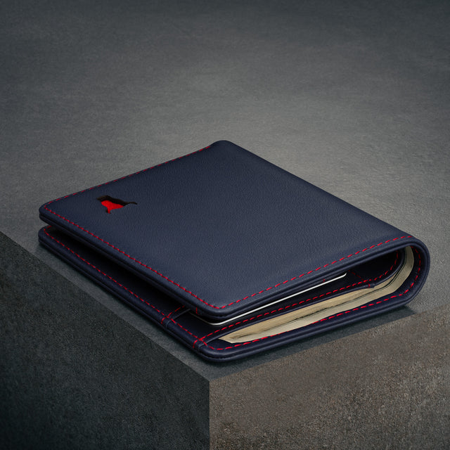 Slimline Navy Blue (with Red Stitching) Bifold Leather Wallet
