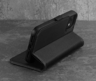 Stand function of the Black Leather Stand Case for iPhone 12 Pro