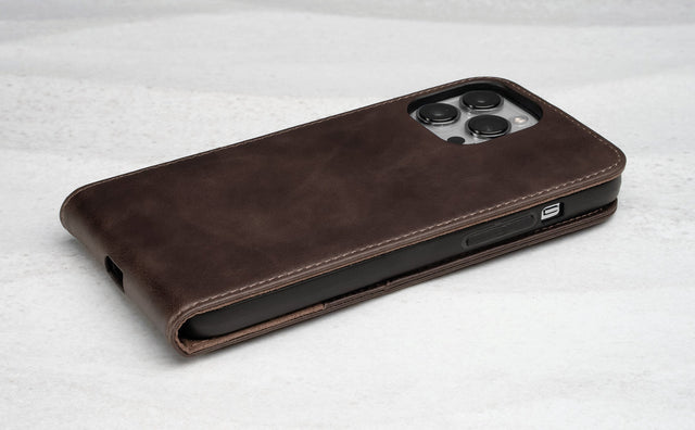 iPhone 14 Pro in a Dark Brown Leather Phone Case