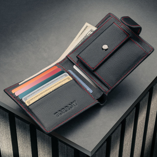 Inside of the Black with Red Detail Leather Wallet with Coin Pocket