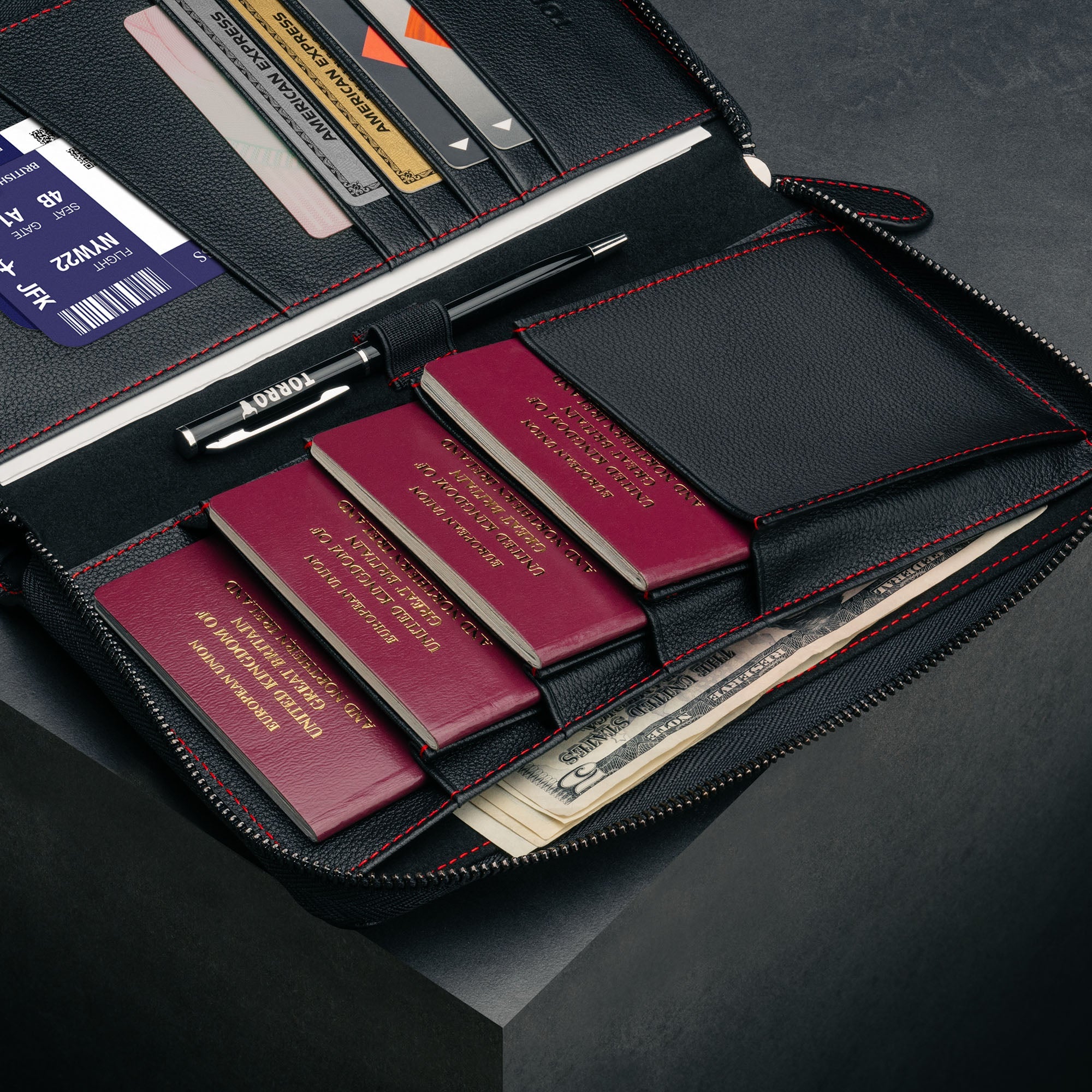 Torro Leather Family Passport Holder and Document Organiser Holds 4 Passports Black with Red Detail