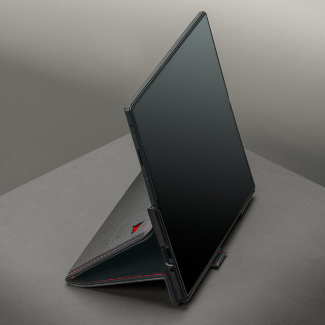 Integrated stand function on the Black with Red Detail Leather Case for Samsung Galaxy Z Fold8 Ultra
