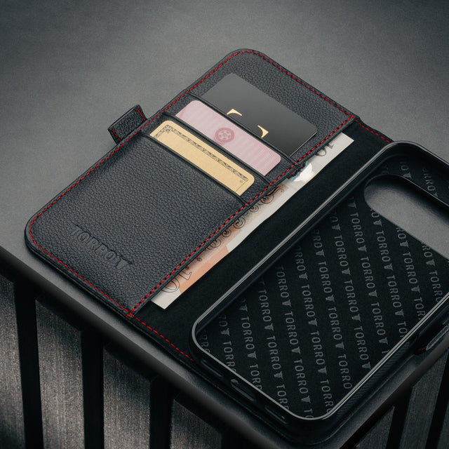 Card slots inside the Black with Red Detail Leather Cse for Google Pixel 10 / 10 Pro.
