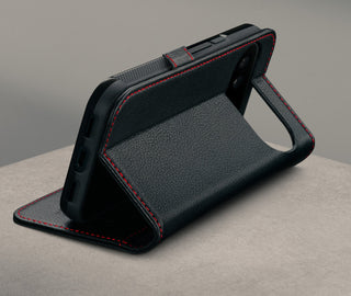 Stand function of the Black with Red Stitching Leather Case for the Google Pixel 11 Pro XL