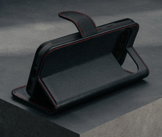 Stand function of the Black with Red Detail Leather Case for Google Pixel 9 Pro