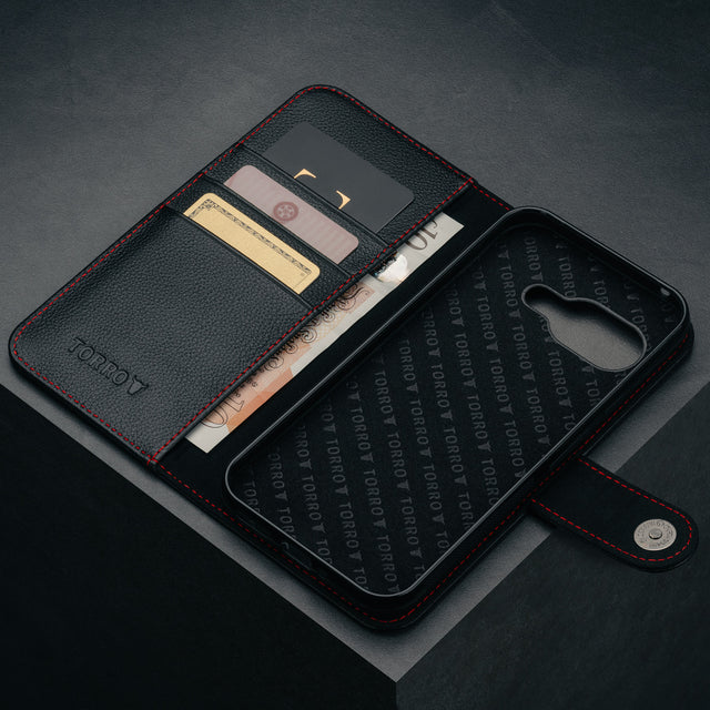 Card slots and microfibre lined frame in the Black with Red Detail Leather Wallet Case for Google Pixel 9a