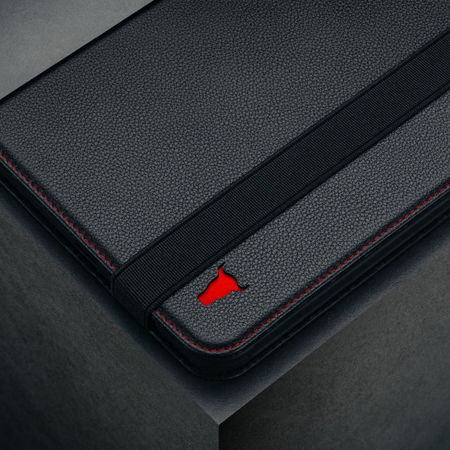 Close up of the Black with Red Detail Leather Case for Apple iPad Mini 8