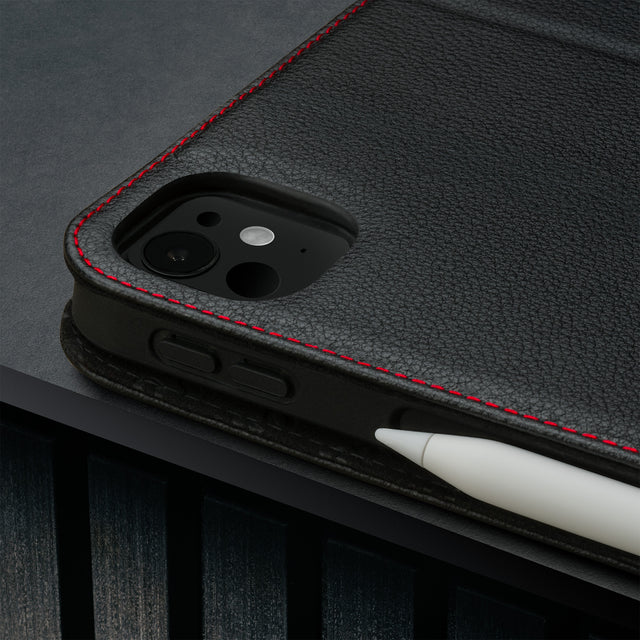 Camera cutout on the Black with Red Detail Leather Case for Apple iPad Pro 11