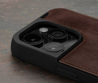 Camera cutout on the Dark Brown Leather Bumper Case for iPhone 15 Pro