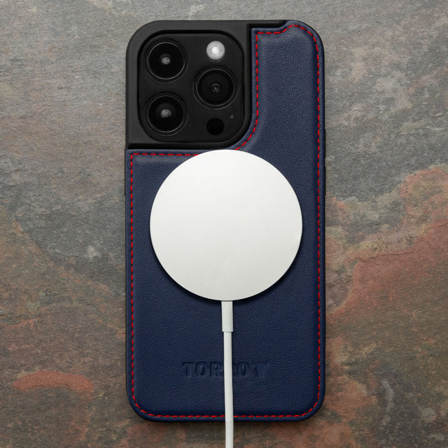 Navy Blue Leather Bumper Case for iPhone 15 Pro