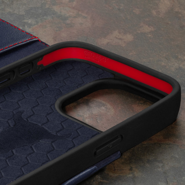 Geometric microfibre lined frame with advanced GEO-AS-3 protection of the Navy Blue Leather Wallet Case for iPhone 15 Pro Max