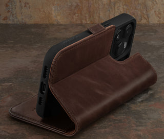 Integrated stand function of the Dark Brown Leather Wallet Case for iPhone 15 Pro