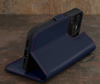 Integrated stand function of the Navy Blue Leather Wallet Case for iPhone 15 Pro