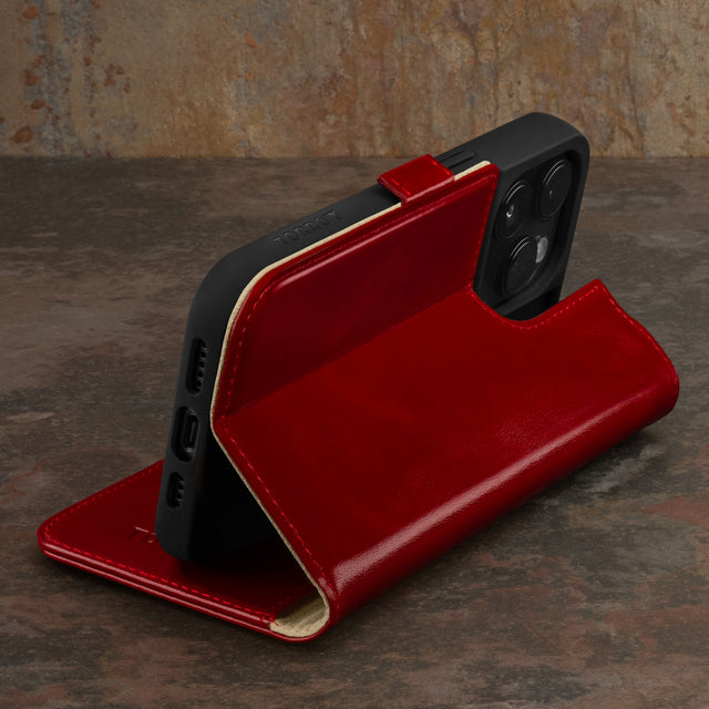 Integrated stand function of the Red Leather Wallet Case for iPhone 15 Pro