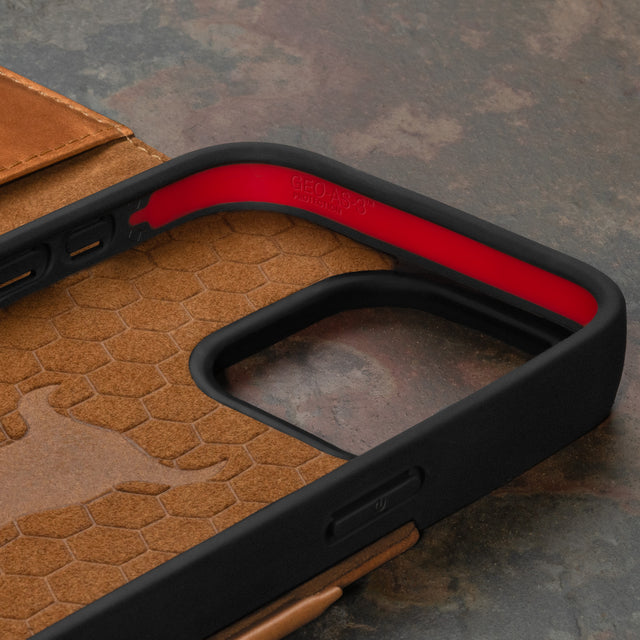 Geometric microfibre lined frame with advanced GEO-AS-3 protection of the Tan Leather Wallet Case for iPhone 15 Pro