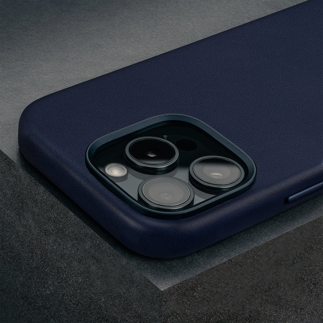 Camera cutout on the Blue Leather Slimline Bumper Case for iPhone 16 Pro Max