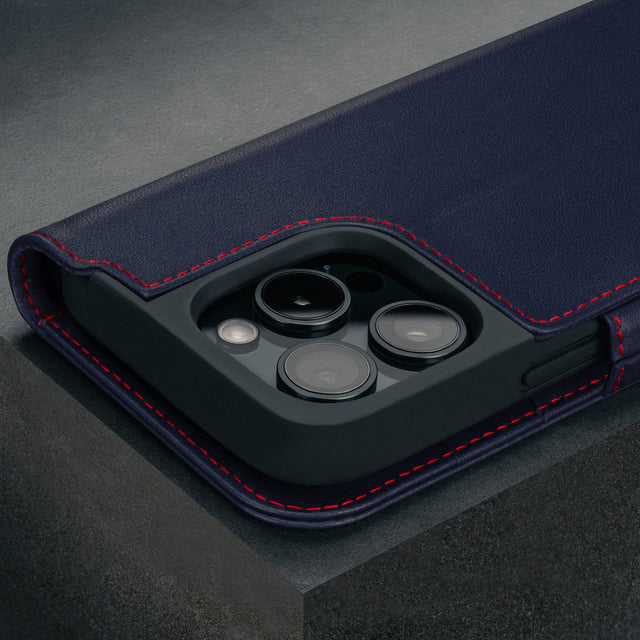 Camera cutout on the Navy Blue Leather Case for iPhone 16 Pro Max