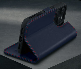 Stand function of the Navy Blue Leather Case for iPhone 16 Pro Max
