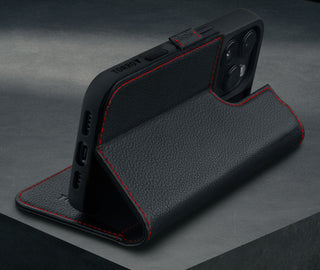 Stand function of the Black Leather with Red Detail Leather Case for iPhone 16 Pro