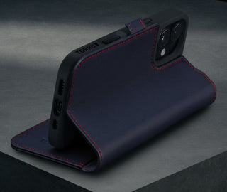 Stand function of the Navy Blue Leather Case for iPhone 16
