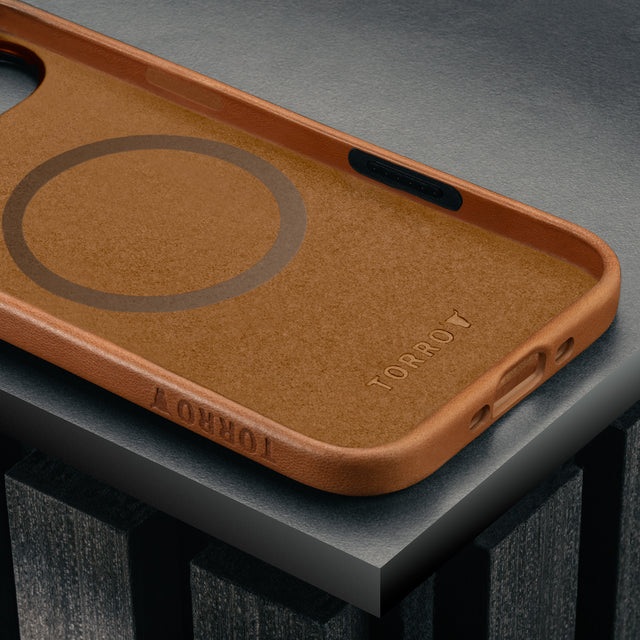 Microfibre lined frame of the Tan Leather Bumper Case for iPhone 17 Air