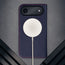 MagSafe charger attached to the Navy Blue Leather Case for iPhone 17 Air