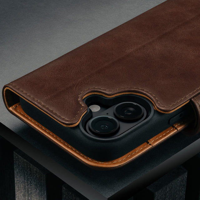 Camera cutout on the Dark Brown Leather Detachable Case for iPhone 17