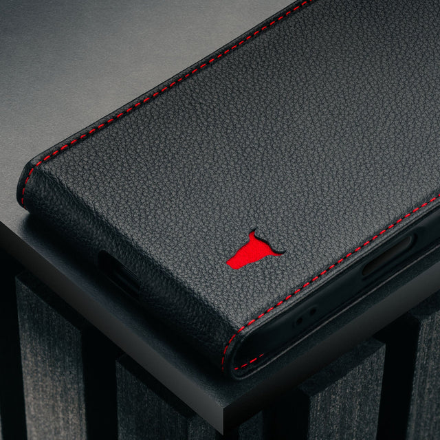 Black with Red Stitching Leather Flip Case for iPhone 17