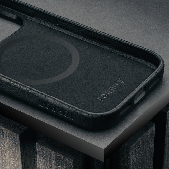 Microfibre lining in the Slimline Black Leather Bumper Case for iPhone 17 Pro