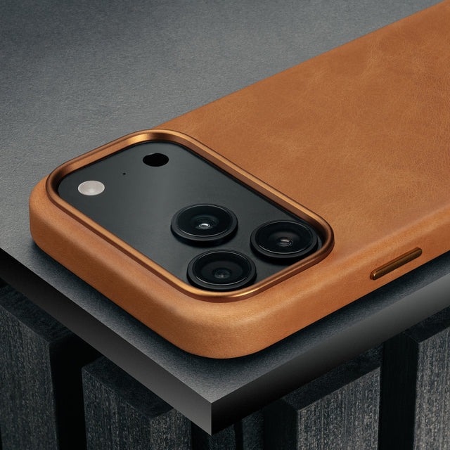 Camera cutout on the Slimline Light Brown / Tan Leather Bumper Case for iPhone 17 Pro