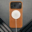 MagSafe charger attached to the Slimline Light Brown / Tan Leather Bumper Case for iPhone 17 Pro
