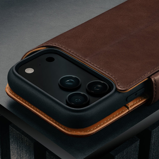 Camera cutout on the Dark Brown Leather Detachable Case for iPhone 17 Pro