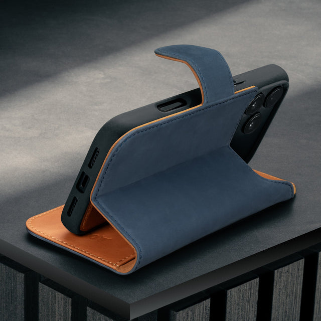 Stand function of the Nubuck Blue Detachable Case for iPhone 17 Pro