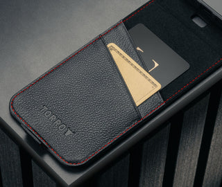 Card holder in the Black with Red Stitching Leather Flip Case for iPhone 17 Pro