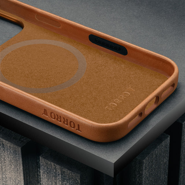 Microfibre lining in the Slimline Light Brown / Tan Leather Bumper Case for iPhone 17 Pro Max