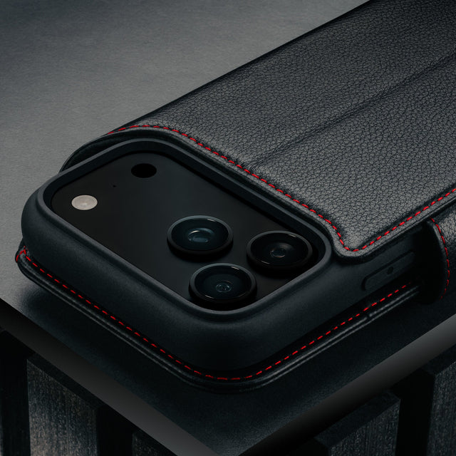 Camera cutout on the Black with Red Detail Leather Detachable Case for iPhone 17 Pro Max