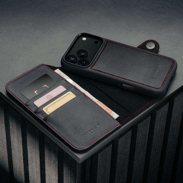 Card holder and detachable cover of the Black with Red Detail Leather Detachable Case for iPhone 17 Pro Max